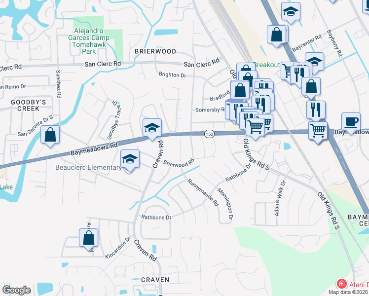map of restaurants, bars, coffee shops, grocery stores, and more near 8853 Runnymeade Road in Jacksonville