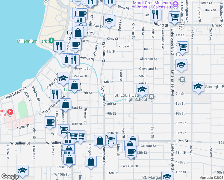 map of restaurants, bars, coffee shops, grocery stores, and more near 612-620 7th St in Lake Charles