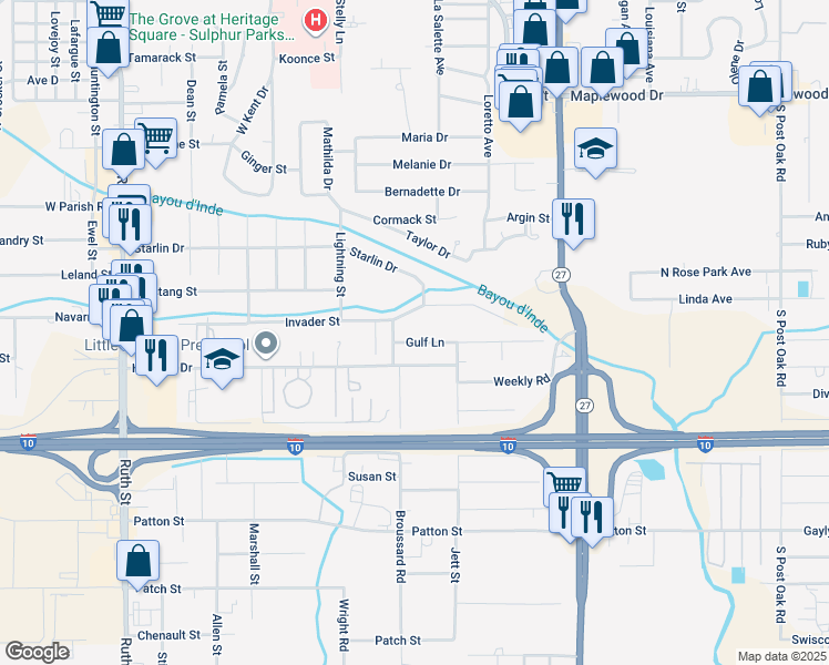 map of restaurants, bars, coffee shops, grocery stores, and more near 907-1009 Gulf Lane in Sulphur
