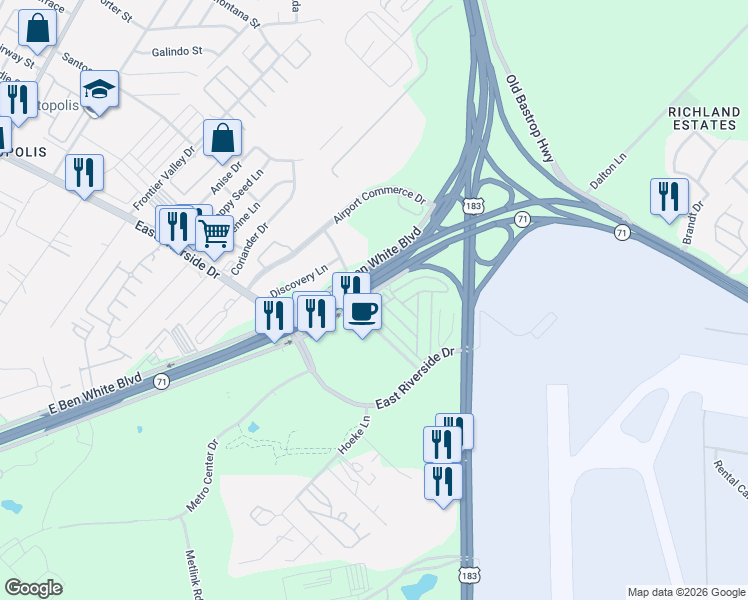 map of restaurants, bars, coffee shops, grocery stores, and more near 30 Olmos Drive in Austin