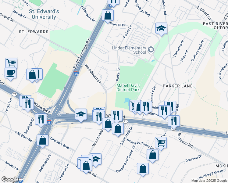 map of restaurants, bars, coffee shops, grocery stores, and more near 3439 Parker Lane in Austin
