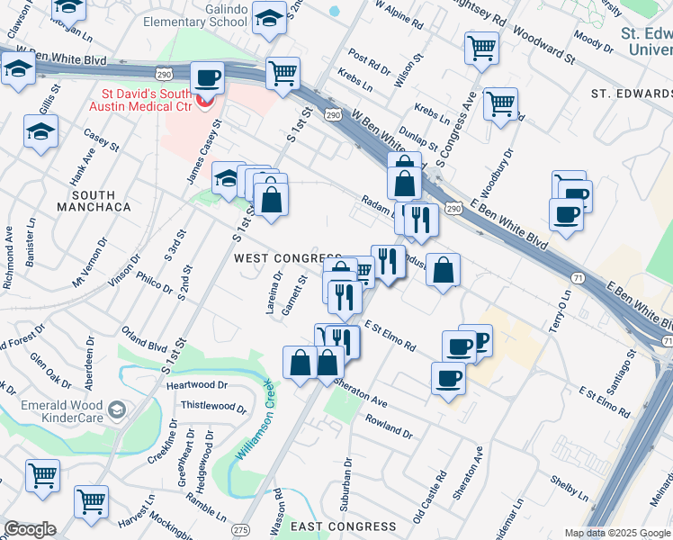 map of restaurants, bars, coffee shops, grocery stores, and more near 144 1/2 West Saint Elmo Road in Austin