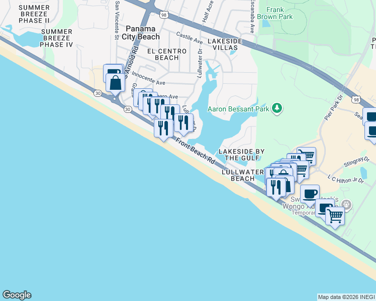 map of restaurants, bars, coffee shops, grocery stores, and more near 16701 Front Beach Road in Panama City Beach