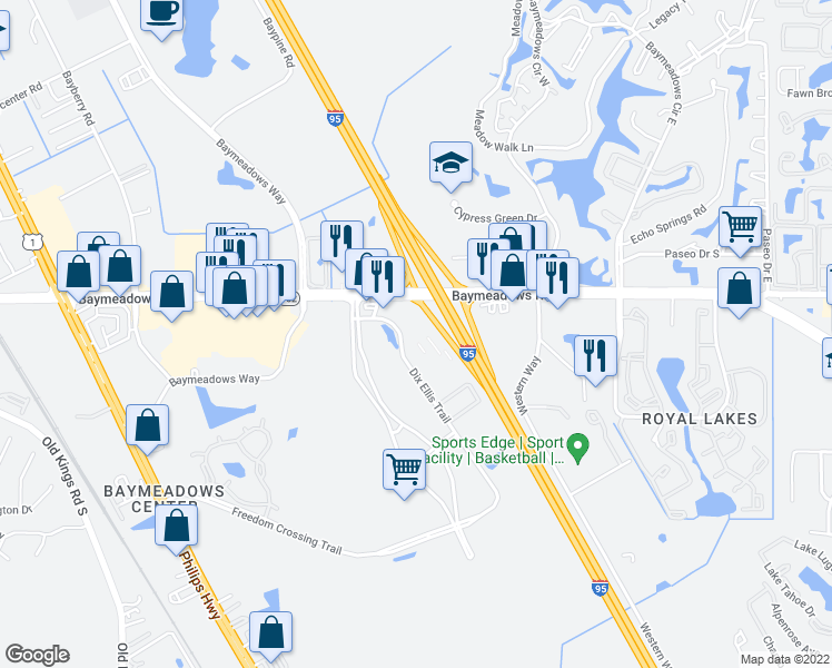map of restaurants, bars, coffee shops, grocery stores, and more near 8255 Dix Ellis Trail in Jacksonville