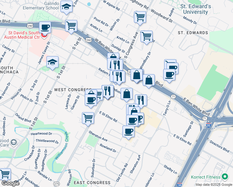 map of restaurants, bars, coffee shops, grocery stores, and more near 201 Industrial Boulevard in Austin