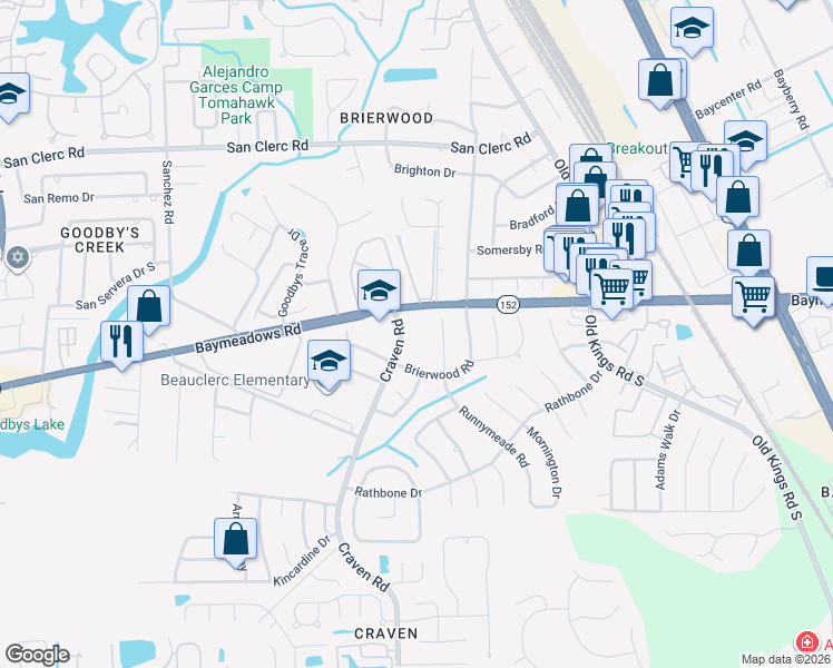 map of restaurants, bars, coffee shops, grocery stores, and more near 8970 Brierwood Road in Jacksonville