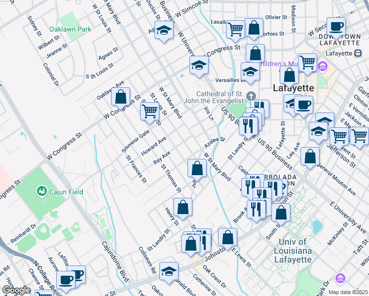 map of restaurants, bars, coffee shops, grocery stores, and more near 310 Saint Joseph Street in Lafayette