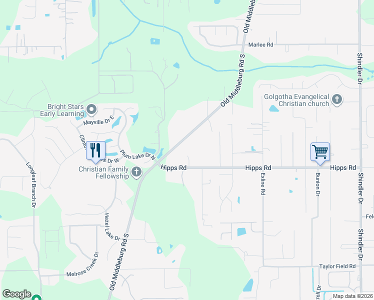 map of restaurants, bars, coffee shops, grocery stores, and more near 9317 Hipps Road in Jacksonville