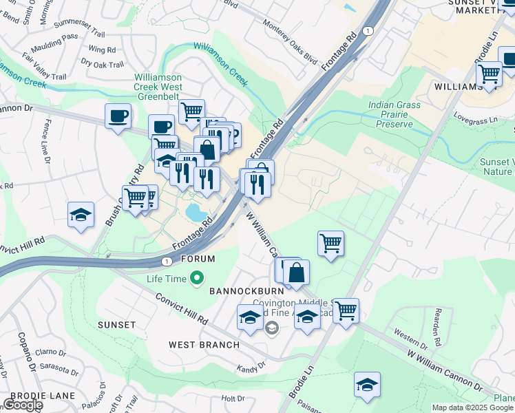 map of restaurants, bars, coffee shops, grocery stores, and more near 4001 West William Cannon Drive in Austin