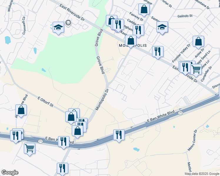 map of restaurants, bars, coffee shops, grocery stores, and more near 2507 Montopolis Drive in Austin