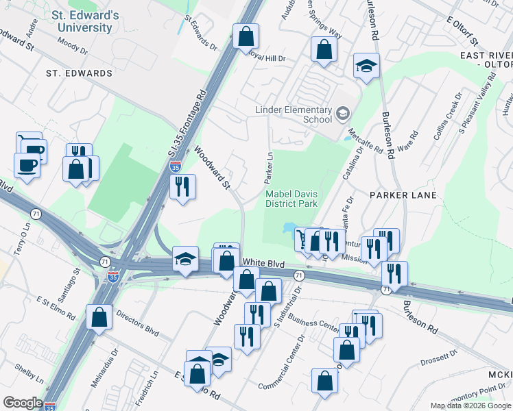 map of restaurants, bars, coffee shops, grocery stores, and more near 3439 Parker Lane in Austin