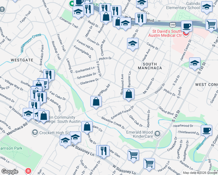 map of restaurants, bars, coffee shops, grocery stores, and more near 4909 Brighton Road in Austin