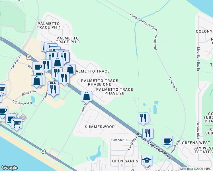 map of restaurants, bars, coffee shops, grocery stores, and more near 18 Park Place in Panama City Beach