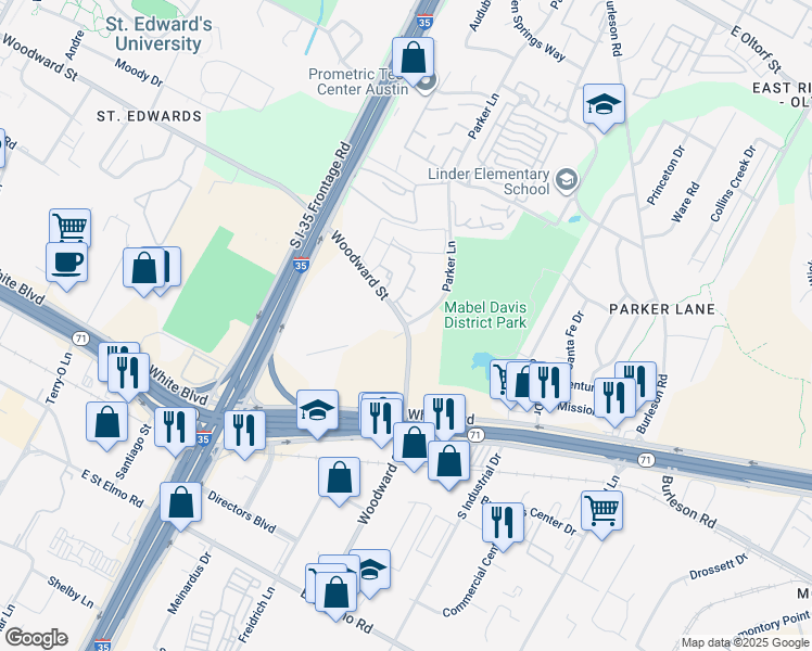 map of restaurants, bars, coffee shops, grocery stores, and more near Woodward St & Parker Ln in Austin