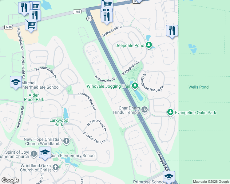map of restaurants, bars, coffee shops, grocery stores, and more near 99 East Foxbriar Forest Circle in Spring