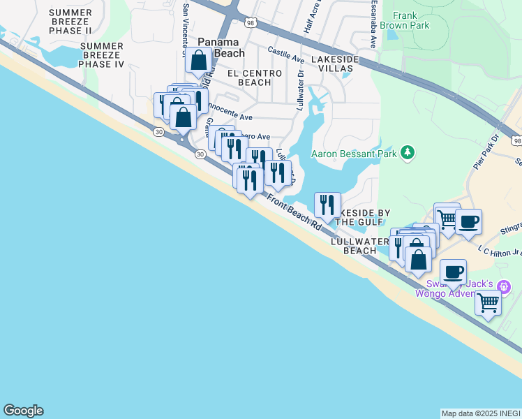 map of restaurants, bars, coffee shops, grocery stores, and more near 16709 Front Beach Road in Panama City Beach