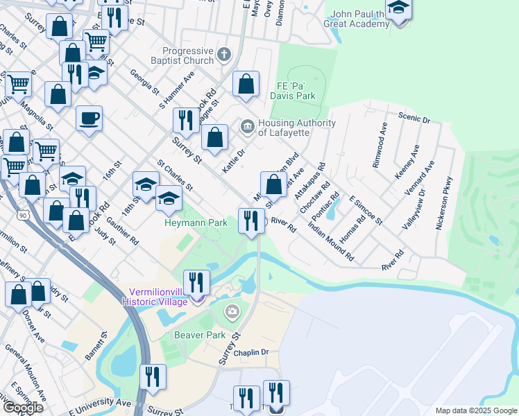 map of restaurants, bars, coffee shops, grocery stores, and more near 101 Shadycrest Avenue in Lafayette