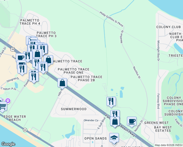 map of restaurants, bars, coffee shops, grocery stores, and more near 46 Park Place in Panama City Beach