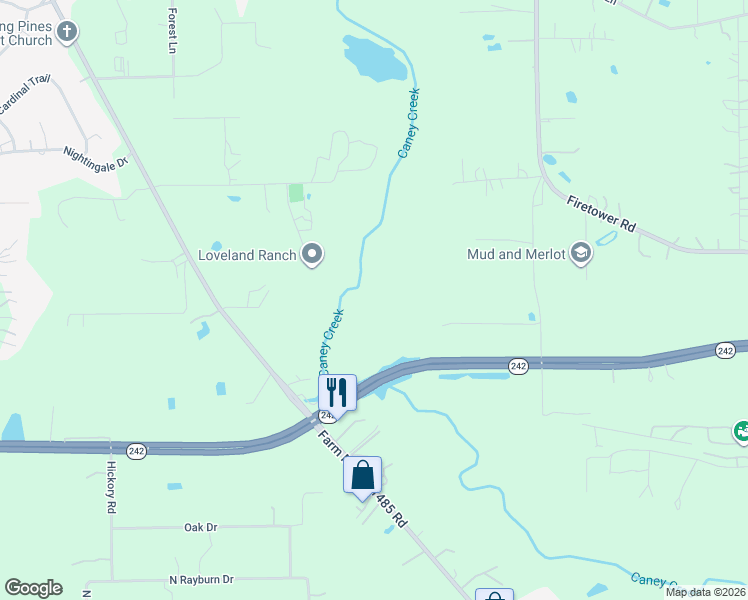 map of restaurants, bars, coffee shops, grocery stores, and more near Highway 242 in Conroe