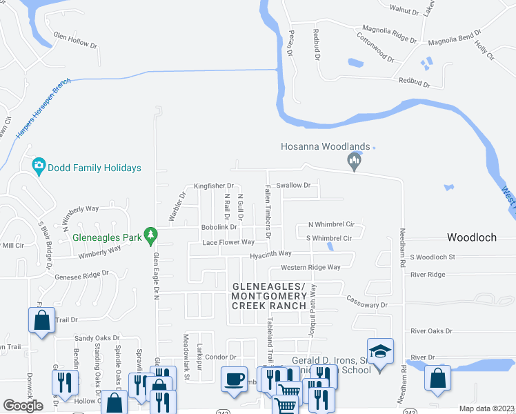 map of restaurants, bars, coffee shops, grocery stores, and more near 16763 North Thrasher Drive in Conroe