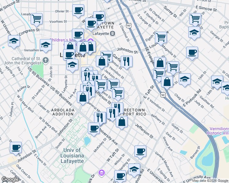 map of restaurants, bars, coffee shops, grocery stores, and more near 327 East Convent Street in Lafayette
