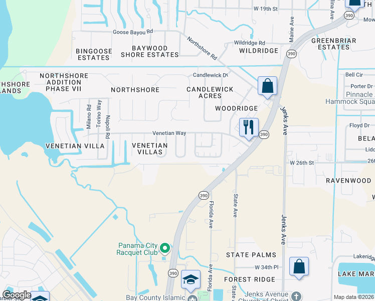map of restaurants, bars, coffee shops, grocery stores, and more near 3919 Verona Circle in Panama City
