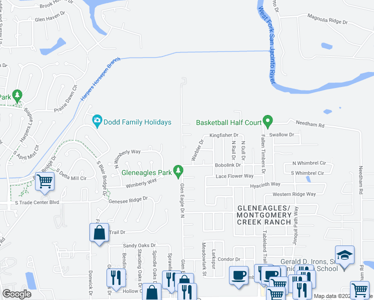 map of restaurants, bars, coffee shops, grocery stores, and more near 9806 Moa Court in Conroe