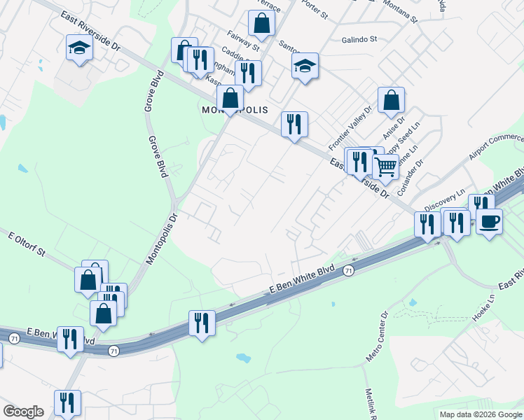 map of restaurants, bars, coffee shops, grocery stores, and more near 2305 Thrasher Lane in Austin