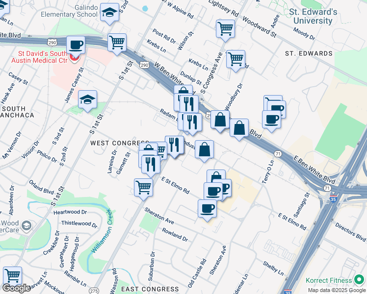 map of restaurants, bars, coffee shops, grocery stores, and more near 4315 South Congress Avenue in Austin