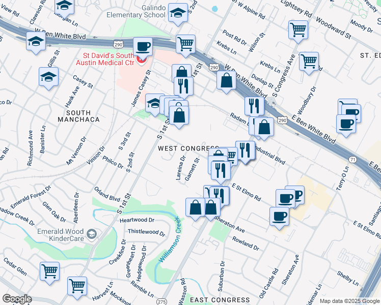 map of restaurants, bars, coffee shops, grocery stores, and more near 4404 Garnett Street in Austin