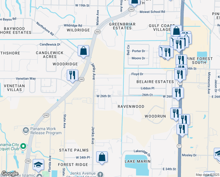 map of restaurants, bars, coffee shops, grocery stores, and more near 914 West 26th Street in Lynn Haven