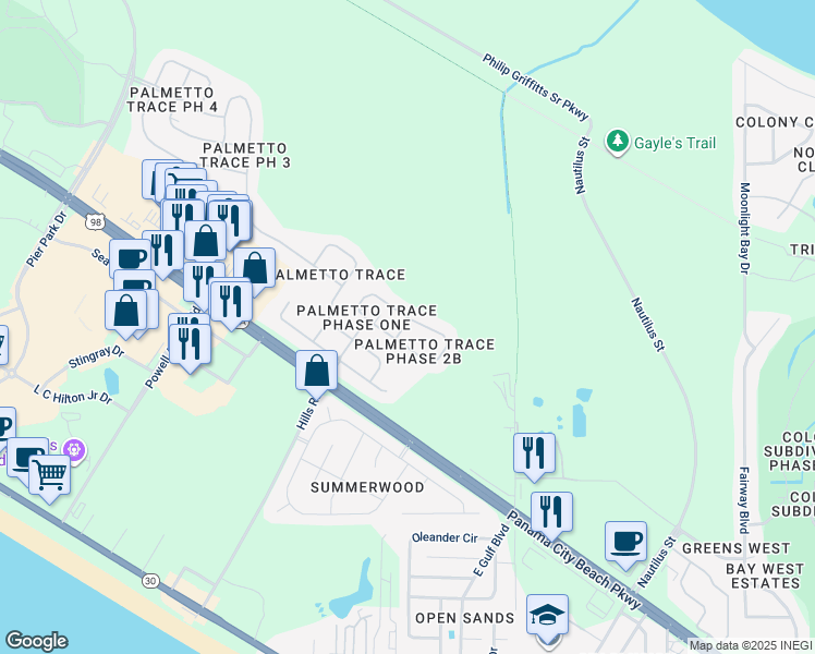 map of restaurants, bars, coffee shops, grocery stores, and more near 31 Park Place in Panama City Beach