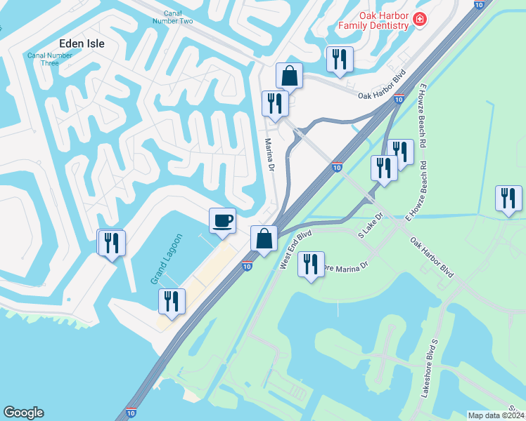 map of restaurants, bars, coffee shops, grocery stores, and more near 708 Marina Drive in Slidell