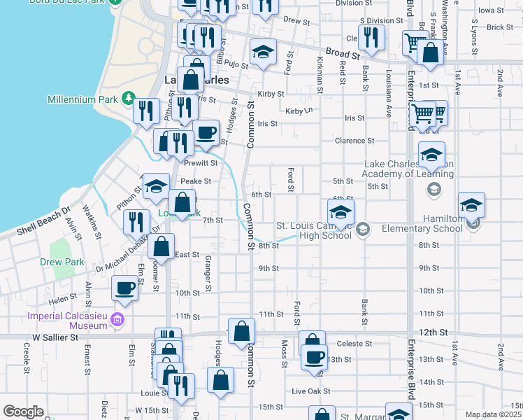 map of restaurants, bars, coffee shops, grocery stores, and more near 612-620 7th St in Lake Charles
