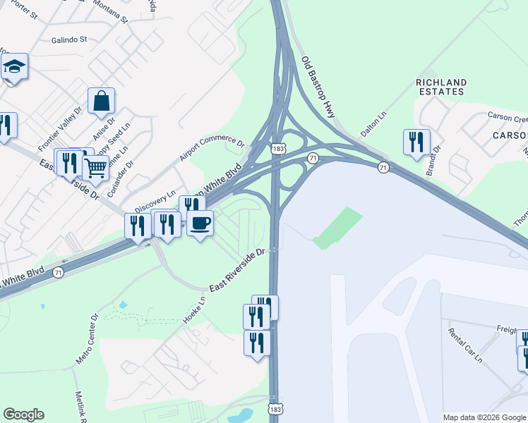 map of restaurants, bars, coffee shops, grocery stores, and more near 9 Espinosa Drive in Austin