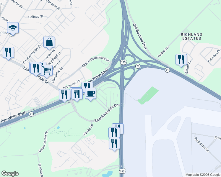map of restaurants, bars, coffee shops, grocery stores, and more near 9 Espinosa Drive in Austin