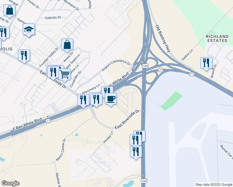 map of restaurants, bars, coffee shops, grocery stores, and more near 30 Olmos Drive in Austin