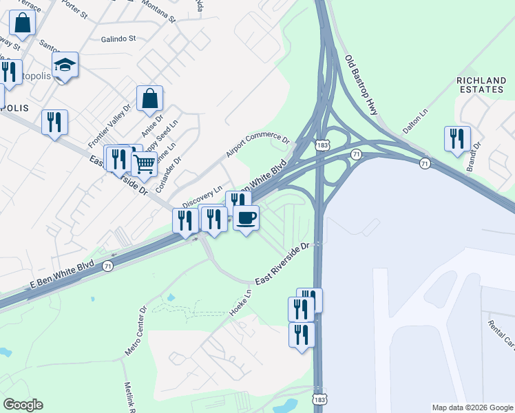map of restaurants, bars, coffee shops, grocery stores, and more near 30 Olmos Drive in Austin