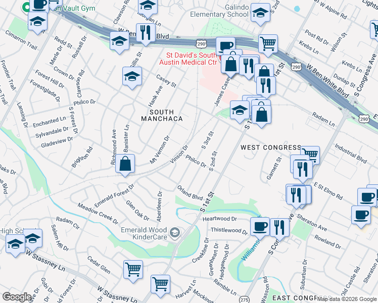 map of restaurants, bars, coffee shops, grocery stores, and more near 4600 Englewood Drive in Austin