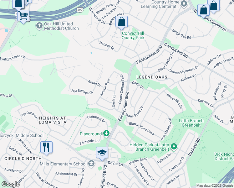 map of restaurants, bars, coffee shops, grocery stores, and more near 6633 Oasis Drive in Austin