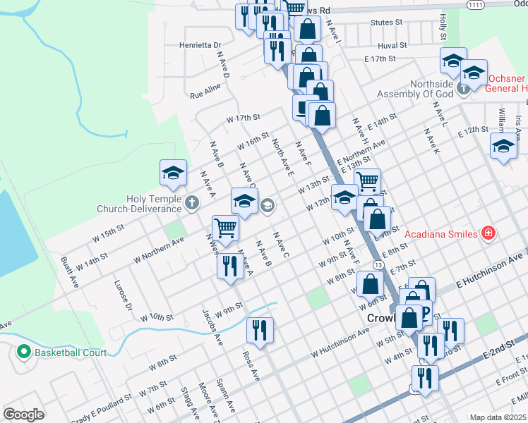 map of restaurants, bars, coffee shops, grocery stores, and more near 401 West Northern Avenue in Crowley