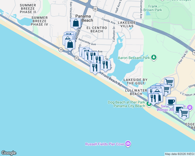 map of restaurants, bars, coffee shops, grocery stores, and more near 16709 Front Beach Road in Panama City Beach