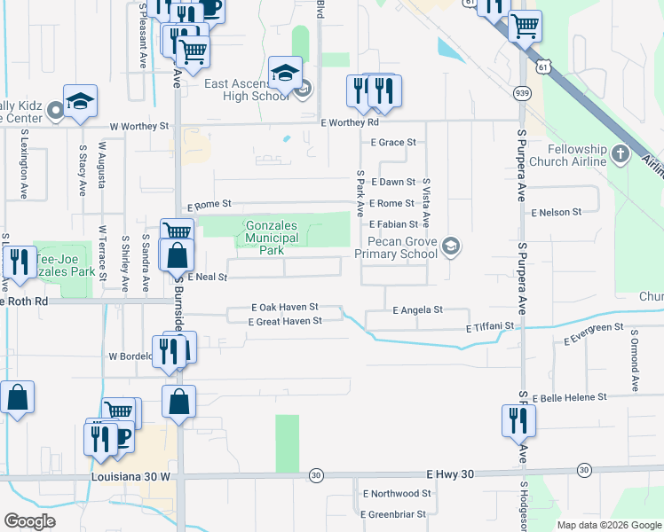 map of restaurants, bars, coffee shops, grocery stores, and more near 807 East Neal Street in Gonzales