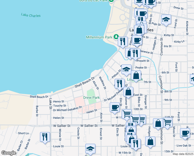 map of restaurants, bars, coffee shops, grocery stores, and more near 231 Shell Beach Drive in Lake Charles