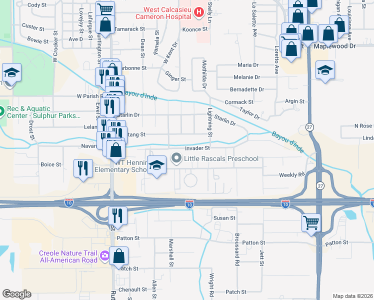 map of restaurants, bars, coffee shops, grocery stores, and more near 919 Henning Drive in Sulphur