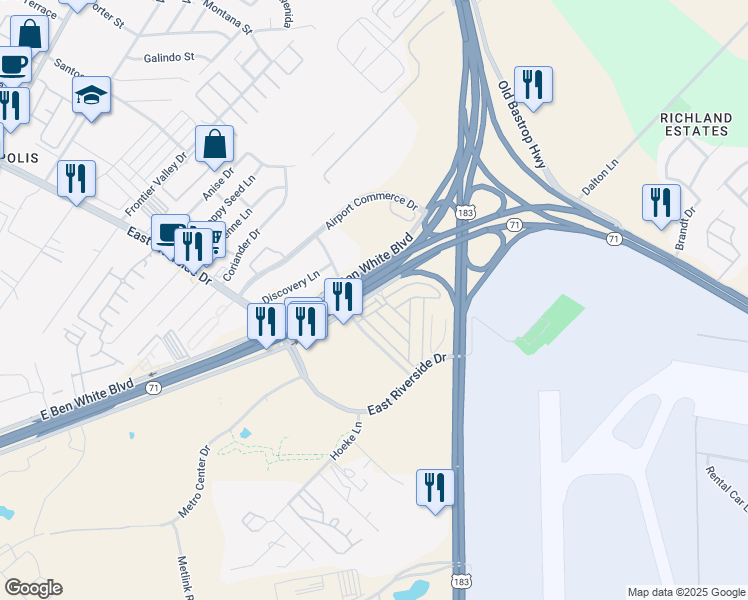 map of restaurants, bars, coffee shops, grocery stores, and more near 30 Olmos Drive in Austin