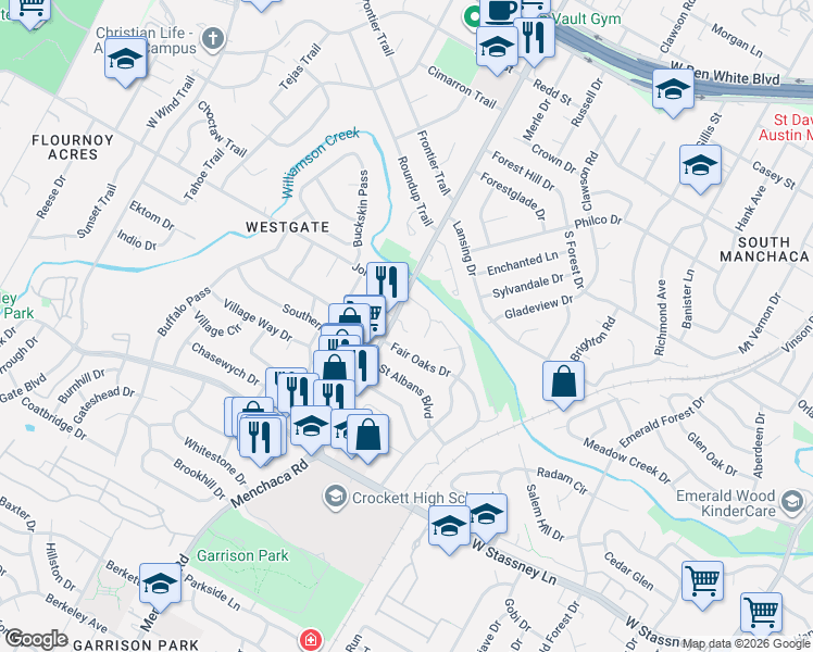 map of restaurants, bars, coffee shops, grocery stores, and more near 5107 Menchaca Road in Austin