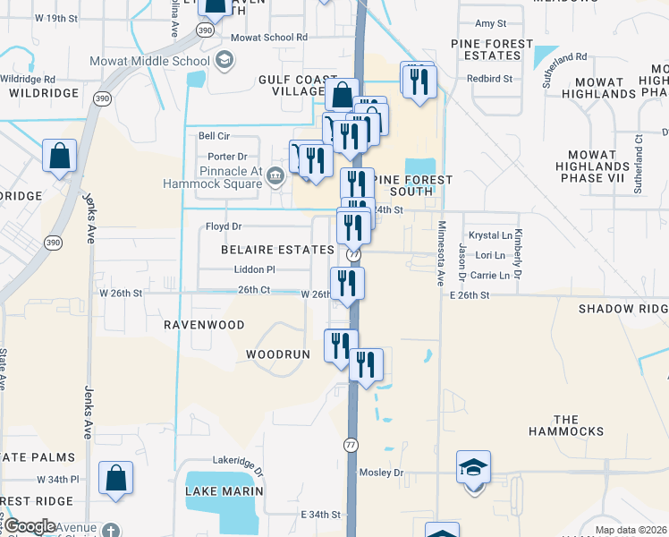 map of restaurants, bars, coffee shops, grocery stores, and more near 2424 Florida 77 in Lynn Haven