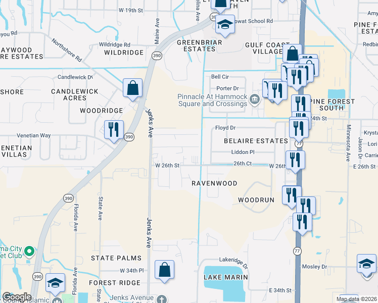 map of restaurants, bars, coffee shops, grocery stores, and more near 913 Bradford Circle in Lynn Haven