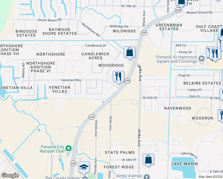 map of restaurants, bars, coffee shops, grocery stores, and more near 415 Venetian Way in Panama City